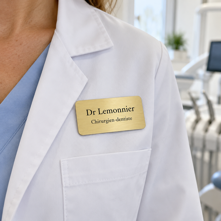 Badge nominatif en laiton brossé aimanté pour chirurgien-dentiste, porté sur une blouse blanche
