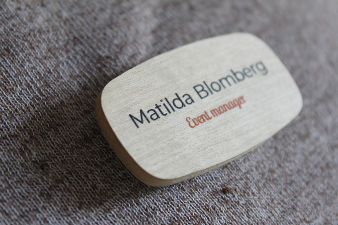 Wooden name badge with colour print